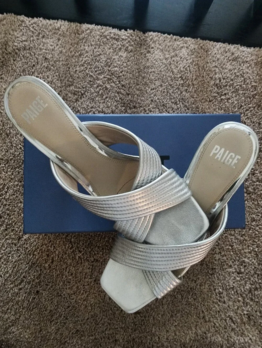 PAIGE Metallic Silver Cross-Strap Slide Heels